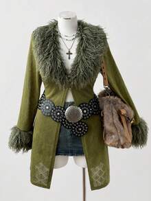 Sunspun Plus Size Women Military Green Fuzzy Knit Cardigan Sweater - Multicolor - View 5