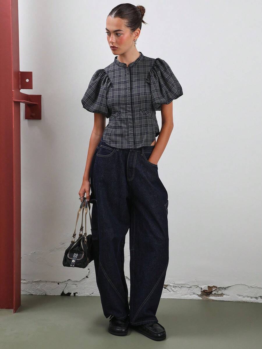 COUREZ Puff Sleeve Check Top /Y2K Fall Women Clothes Fall Clothes Cute Tops Going Out Outfits Cute Sexy Steetwear Elegant