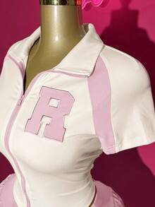 Slaydiva 2025春夏新款休闲街头Y2K可爱嘻哈风绿色撞色拉链外套+蓬松泡泡裙两件套，适合复活节、音乐节、日常穿着、派对、圣诞节、情人节、约会、海滩、邮轮、狂欢节 - 粉色 - 查看 7