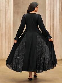 Roveilla Große Größen Patchwork Quadrat Ausschnitt Laternärmel Party Kleid