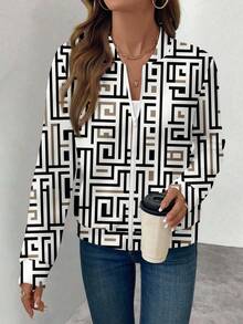 SHEIN LUNE Women's Casual Geometric Print Zip-Up Jacket, Suitable For Fall/Winter - Multicolor - View 3