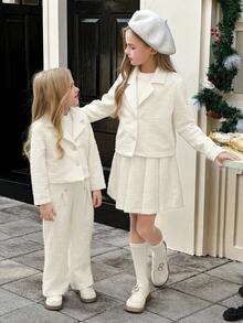 SHEIN Elladie kids Conjunto de jaqueta curta com gola confortável e calça comprida casual para meninas - Branco - Ver 5