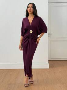 SHEIN PETITE 女式纯色重叠 V 领蝙蝠袖褶皱优雅连衣裙 - 酒紅色 - 查看 9