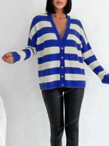EURMUSE Women's Contrast Color Stripe Oversized Open Front Knit Cardigan - Multicolor - View 3
