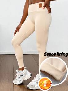 SHEIN Leggings per ragazze pre-adolescenti, termici e foderati per l'autunno/inverno, in morbido tessuto elasticizzato a costine, con toppe in PU, adatti a ogni occasione, colori cachi e albicocca