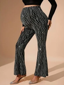 MaterniChic Autumn And Winter Adjustable Waist Allover Print Flare Pants For Pregnant Women - Black - View 5