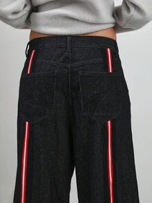 COUREZ Low Rise Baggy Fit Jeans With Taping Detail /Y2K Going Out For Women Spring For Women Rave Casual Low Rise Jeans Going Out Bottoms - Dark Wash - View 6