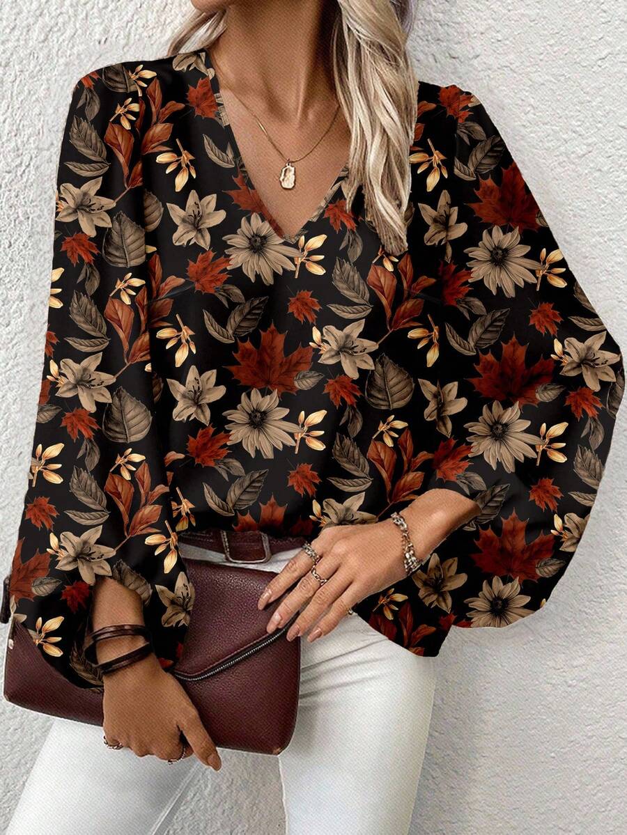 EMERY ROSE Plus Size Women Maple Leaves Fallen In Autumn Print V-Neck Lantern Sleeve Loose Fashion Blouse, Autumn Boho Blouses Floral Blouse Women Women Long Sleeve Blouse Lantern Sleeve Blouse V Neck Blouse - Multicolor - View 1