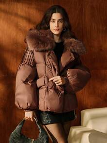 Anewsta Áo khoác ngắn dày cổ lông giả sang trọng ôm vừa vặn có túi khóa kéo kim loại dành cho nữ, thích hợp cho mùa thu, đông, năm mới, thanh lịch, sang trọng, sành điệu, giáng sinh, đi chơi - màu nâu - Xem 1