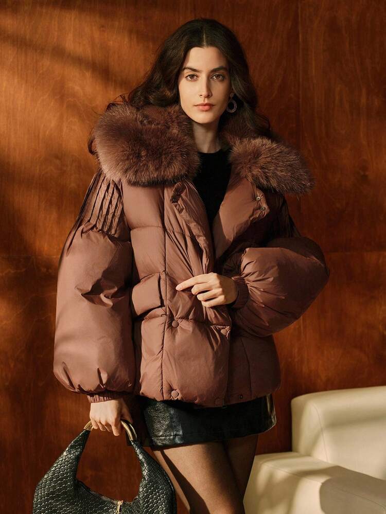 Luxury Faux Fur Collar Splice Slim Fit Metal Zipper Pocket Short Thick Jacket For Women, Suitable For Fall, Winter, New Year, Elegant, Chic, Stylish, Christmas, Going Out