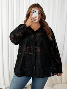 SHEIN CURVE+ 花卉提花纽扣前襟衬衫 - 黑色 - 查看 7