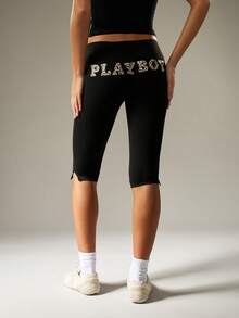 Missguided x Playboy 品牌卡普里长度豹纹骑行紧身裤，带侧开叉细节，适合休闲穿着 - 黑色 - 查看 1
