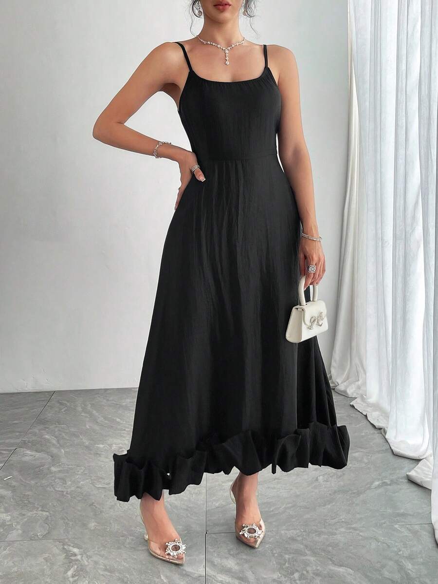 DAZY Women's Spaghetti Strap Bodycon Puff Skirt A-Line Dress - Black - View 1