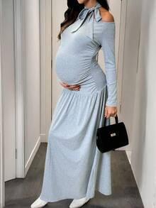 SHEIN Pregnant Women's Solid Color Minimalist Casual Tie-Front Long Sleeve Dress Long Sleeve Maternity Dress Maternity Maxi Dress Pregnancy Clothes Maternity Dress Gray Maternity Dress