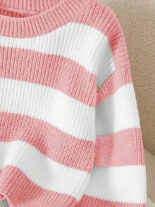Souflis Souflis 少女休闲拼色条纹短款毛衣，秋冬 - 淺粉色 - 查看 6