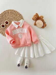 SHEIN Babygirl 可爱百搭字母图案翻领卫衣和迷你裙套装，秋冬 - 彩色 - 查看 6