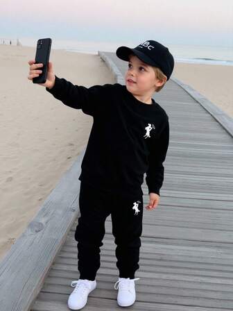 4-7 Years Old Kids Spring/Autumn/Winter Knitted Round Neck Cute Horse Print Long Sleeve T-Shirt And Knitted Horse Print Sports Pants Set, Suitable For Daily Wear, Sports, Vacation, Party, Holiday, Casual Outings, Essential Basic