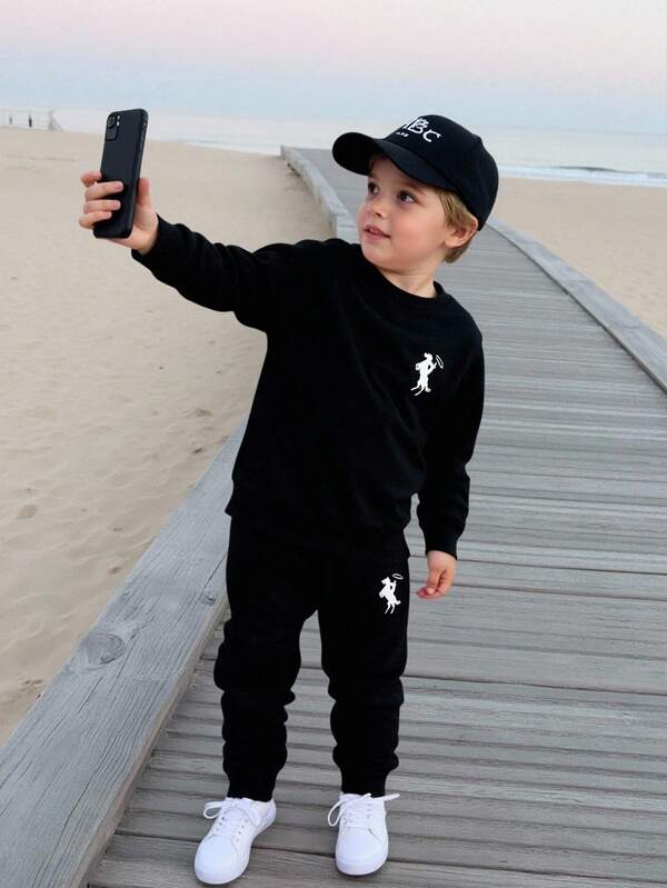 4-7 Years Old Kids Spring/Autumn/Winter Knitted Round Neck Cute Horse Print Long Sleeve T-Shirt And Knitted Horse Print Sports Pants Set, Suitable For Daily Wear, Sports, Vacation, Party, Holiday, Casual Outings, Essential Basic