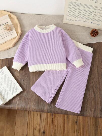 SHEIN Vintaside Kids 2pcs Baby Girls Elegant Solid Color Knitted Sweater And Wide Leg Pants Set, Suitable For Autumn/Winter, Fashionable And Versatile For Daily Wear, Outings And Travels