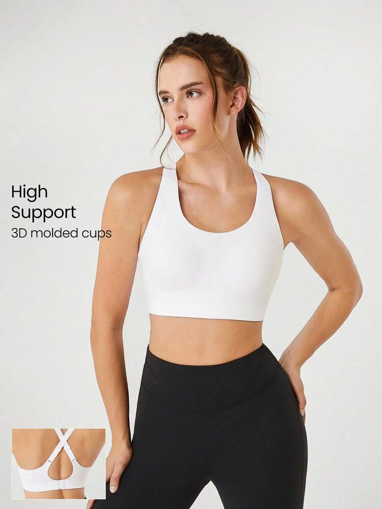 Sutiã Esportivo de Alto Impacto com Tiras em X, Decote em U, Fivela nas Costas, Perfurado, que Absorve a Transpiração, com Suporte, para Corrida, Academia, Treinamento Diário