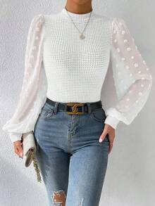 EMERY ROSE Damen Frühling/Herbst Lässig Urlaubs Elegante Stehkragen Patchwork Laternärmel Waffeltextur Passform Bluse