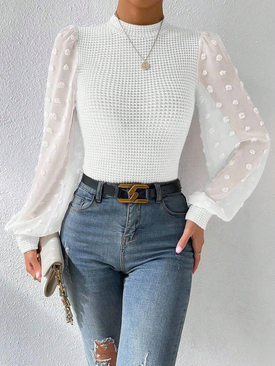 EMERY ROSE Damen Frühling/Herbst Lässig Urlaubs Elegante Stehkragen Patchwork Laternärmel Waffeltextur Passform Bluse