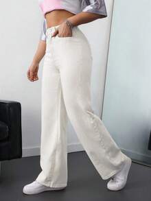 SHEIN ICON 纯色口袋休闲百搭直筒牛仔裤