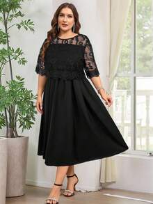 Reflora Plus Size Women Elegant Romantic Lace Patchwork Dress - Black - View 3