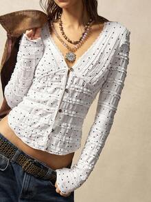 Bohemela 女士休闲纯色波尔卡圆点 V 领长袖毛衣，适合秋季、万圣节、圣诞节 - 白色 - 查看 2