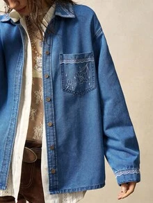 Bohemela Women's Casual Solid Color Woven Denim Loose Long Sleeve Shirt - Blue - View 4