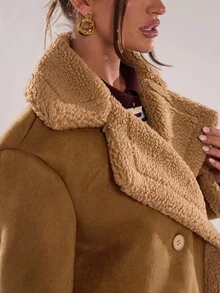 SHEIN BAE 女士休闲复古棕色中长款保暖内衬夹克，冬季棕色外套女士冬季外套秋季外套长款外套棕色夹克，棕色衣服，女士外套，女士秋季衣服 - 卡其色 - 查看 7