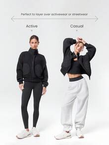 GLOWMODE Chaqueta bomber de forro polar con cuello alto, puños y bajo acanalados, de peso ligero, cálida y suave como una nube, de corte relajado, para otoño e invierno, para uso diario y casual al aire libre - Negro - Ver 5