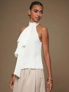L'Amorae Double Layer Chiffon Bow Tie Neck Blouse - White - View 4