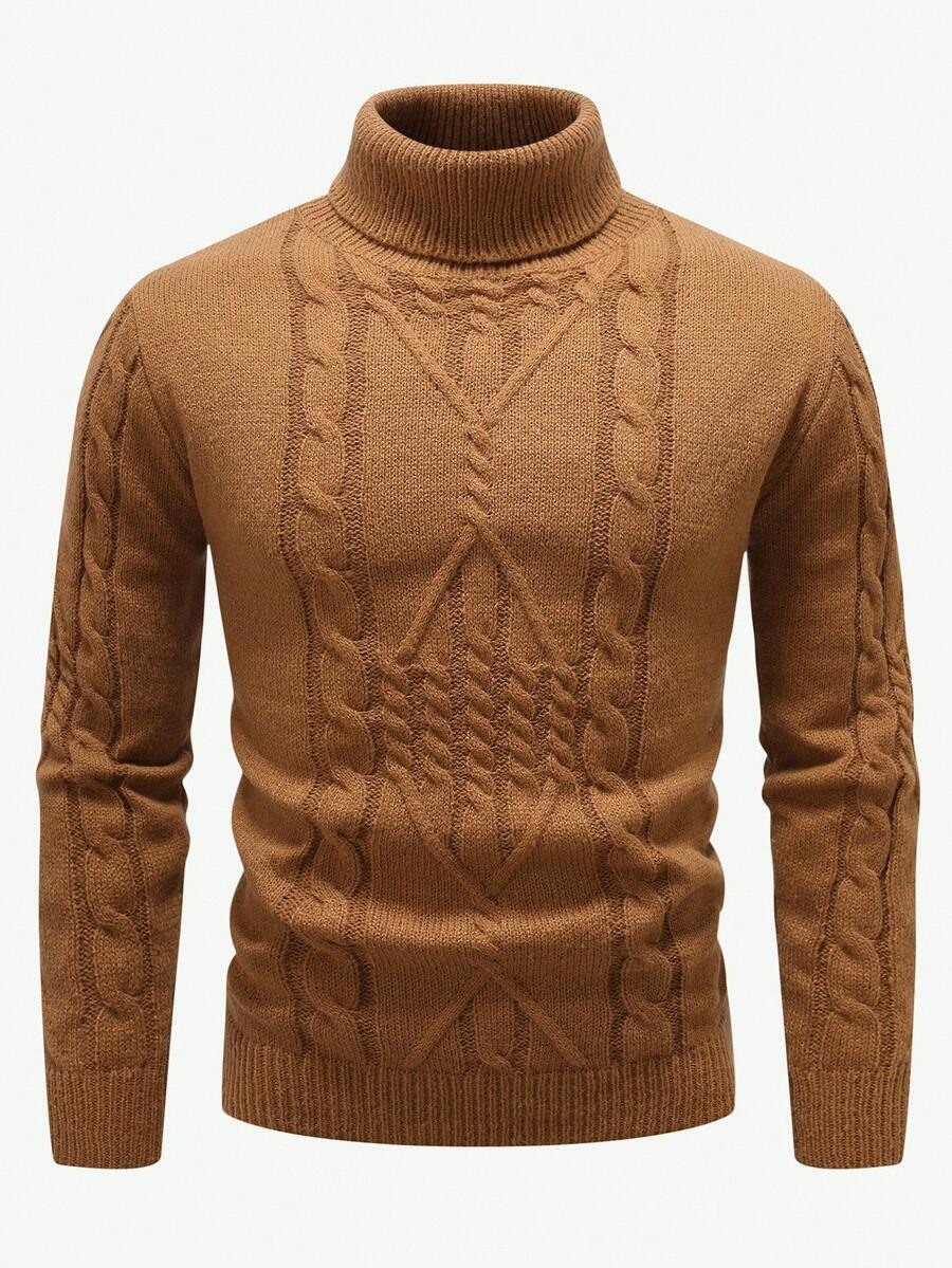 Manfinity Mode 男士休闲粗针织高领长袖毛衣，秋冬 - 駝色 - 查看 1