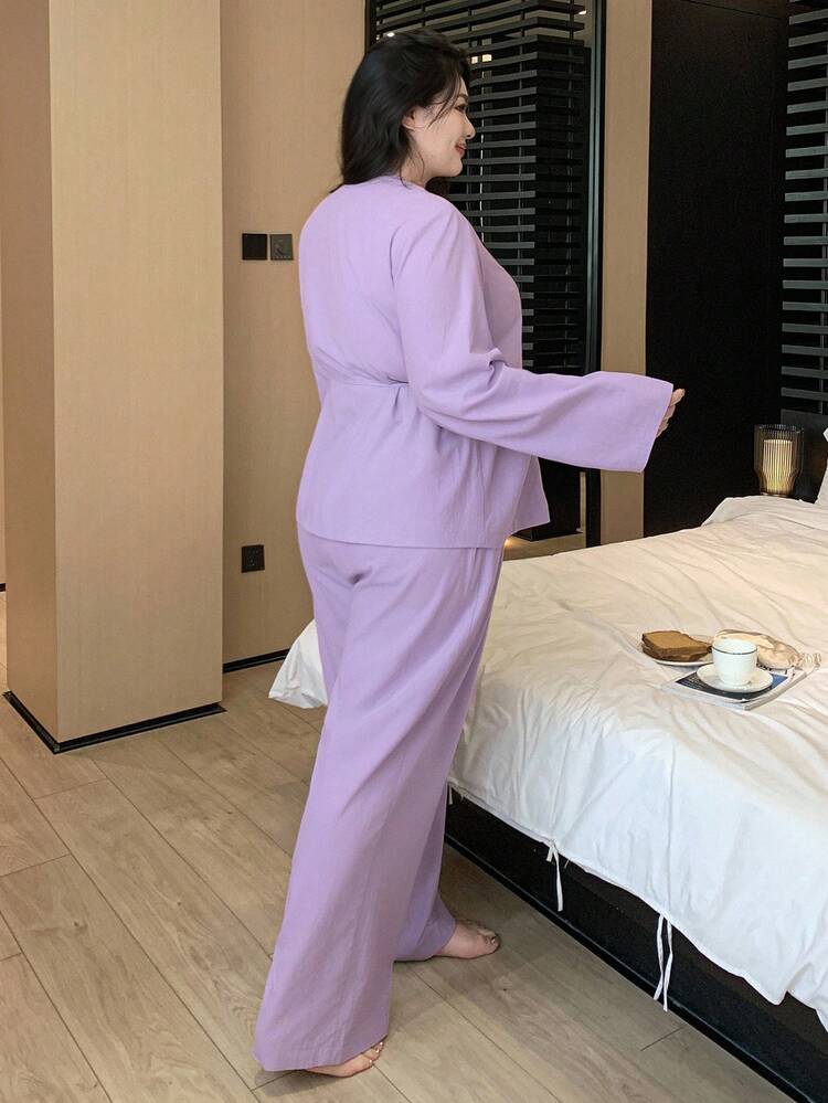 Dazy Plus 2pcs Plus Size Women Solid Color Oblique Placket Tie-Up Top And Pants Loungewear/Pajama Set Fall Winter Clothes