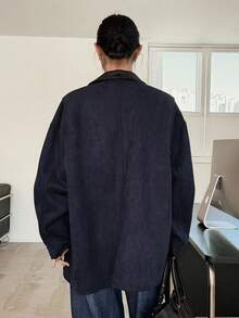 DAZY Women's Suede Jacket With PU Leather Collar, Loose Fit Long Sleeve Casual Jacket Women Coats - Navy Blue - View 4