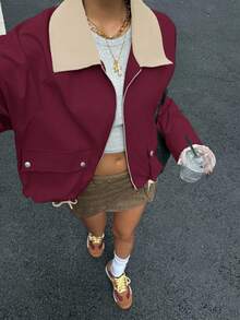 SHEIN EZwear 卡其色超大口袋翻领短款夹克，秋季新品 - 酒紅色 - 查看 5