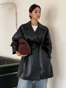 DAZY Veste coupe-vent mi-longue en PU pour femmes, décontractée et polyvalente