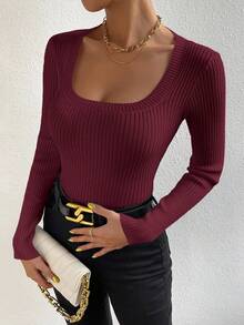 EMERY ROSE Elegant Minimalist Solid Color Fitted Long Sleeve Sweater - Redwood - View 4