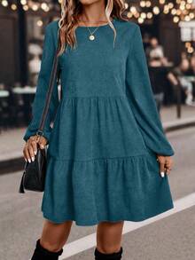 SHEIN LUNE Casual Commuter Solid Color Lantern Sleeve Dress - Blue - View 4