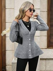 EMERY ROSE Femmes Mode Col V Design Croisé Taille A-Line Cardigan Pull, Cardigan Gris Polyvalent Femmes Cardigan Boutonnage Cardigan Boutons Perle Cardigan Gris Peplum Cardigan Pull D'hiver Femmes Automne Pour Femmes Hiver Pour Femmes Sortie - Gris - Voir 4