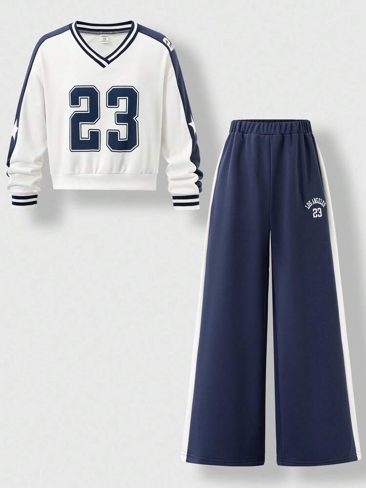 SHEIN Explorewe 2 件女童数字 23 印花运动衫和阔腿裤套装，运动美式风格，适合学校、运动和休闲穿着 - 藍白色 - 查看 3