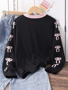 Sparklyn 1pc Young Girls' Black Patchwork Long Sleeve T-Shirt, Soft Fabric, Comfortable, Suitable For School, Outings, Photo Shoots, Versatile, Must-Have Stylish Long Sleeve T-Shirt For Girls