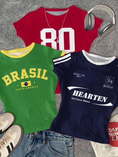 SHEIN Bolty 3pcs/Set Teen Girls' Casual Minimalist Crew Neck Short Sleeve High Waist Cropped Regular T-Shirts, Suitable For Summer