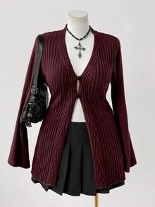 Sunspun 大码女式波西米亚风格纽扣前针织开衫，适合所有季节，是度假装的理想选择 - 酒紅色 - 查看 6