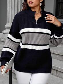Vionelle Plus Size Color Block Striped Print Stand Collar Long Sleeve Sweater, For Winter Fall Cloth For Women