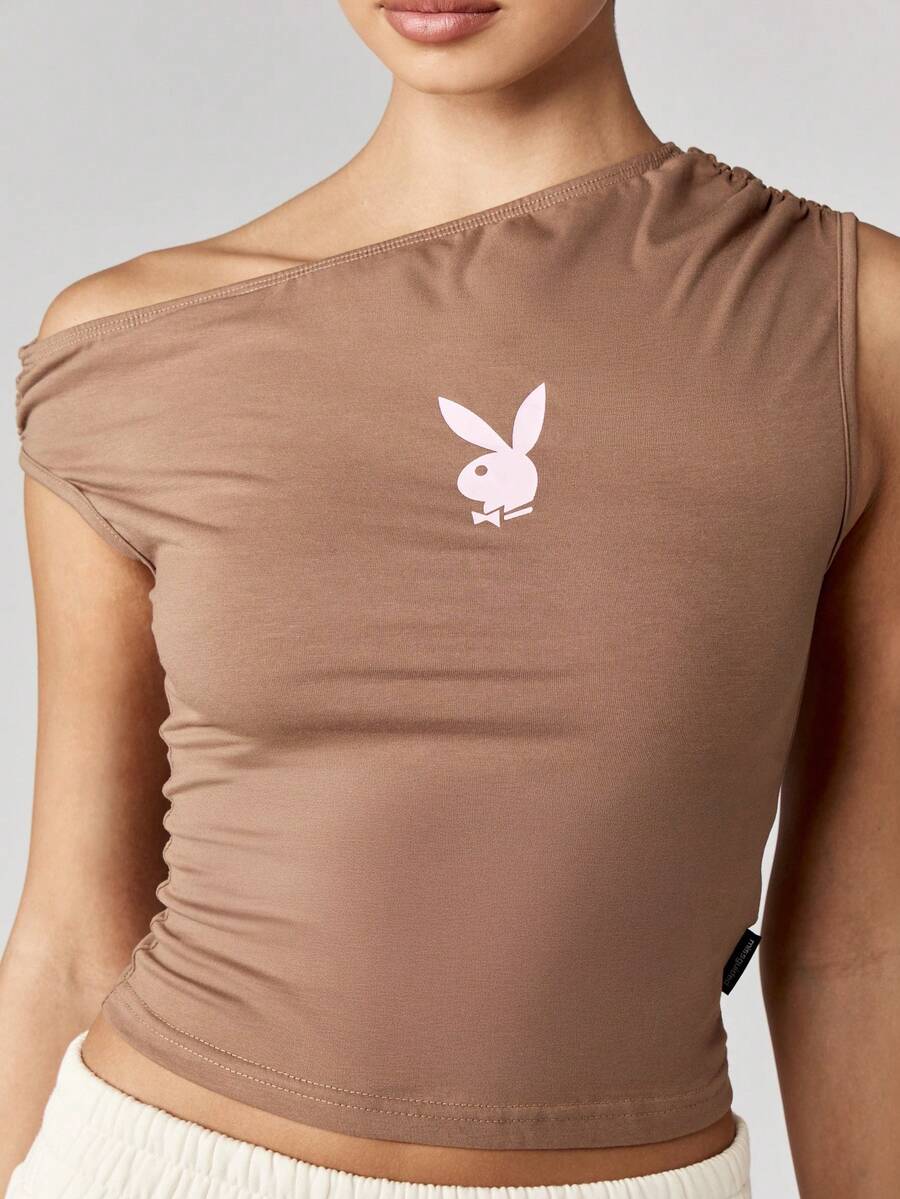 Missguided x Playboy 不对称露肩短款上衣，侧面褶饰细节，修身时尚晚会俱乐部服装，经典设计，夏秋必备时尚单品 - 棕色 - 查看 1