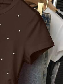 SHEIN Women's Casual Pleated Waist Fitted Short Sleeve T-Shirt, Brick Print, Suitable For Summer - Brown - View 3