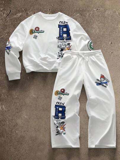 AXEPEAK 男士弹力字母印花圆领长袖运动衫和运动裤休闲套装，秋冬装