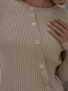 MUSERA Asymmetric Button Down Thick Rib Long Sleeve Sweater Top Only Streetwear Cute Classy Casual Sexy Going Out Toffee Evening Party Elegant - Apricot - View 6
